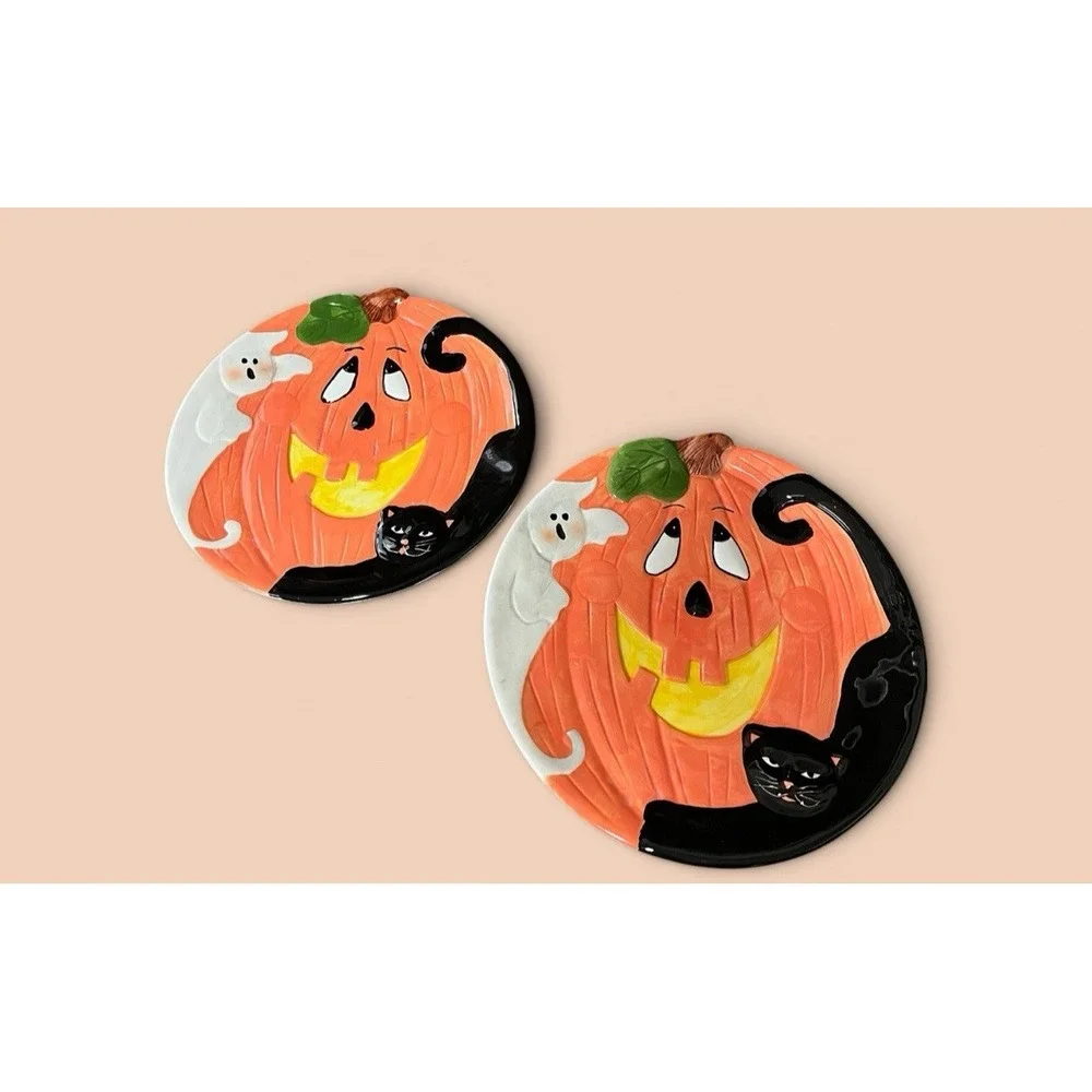 Halloween Jack-O-Lantern Ghost Black Cat Multicolor Dinner Snack Canape Plates 2